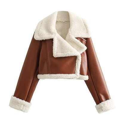 Brown leather jacket with white fur lining on a white background