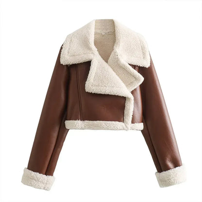 Brown leather jacket with white fur trim on a white background