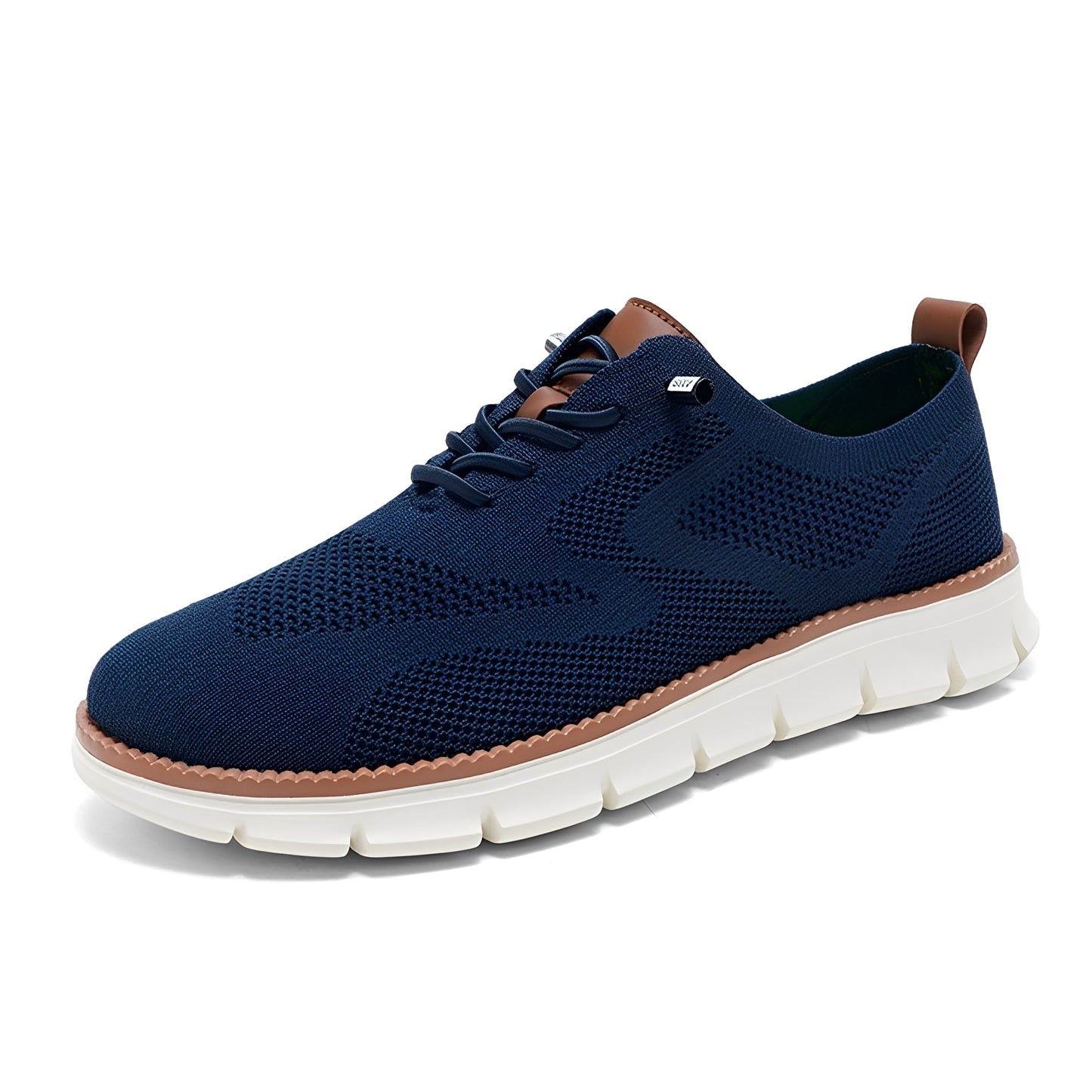 Navy blue sneaker with brown accents on a white background