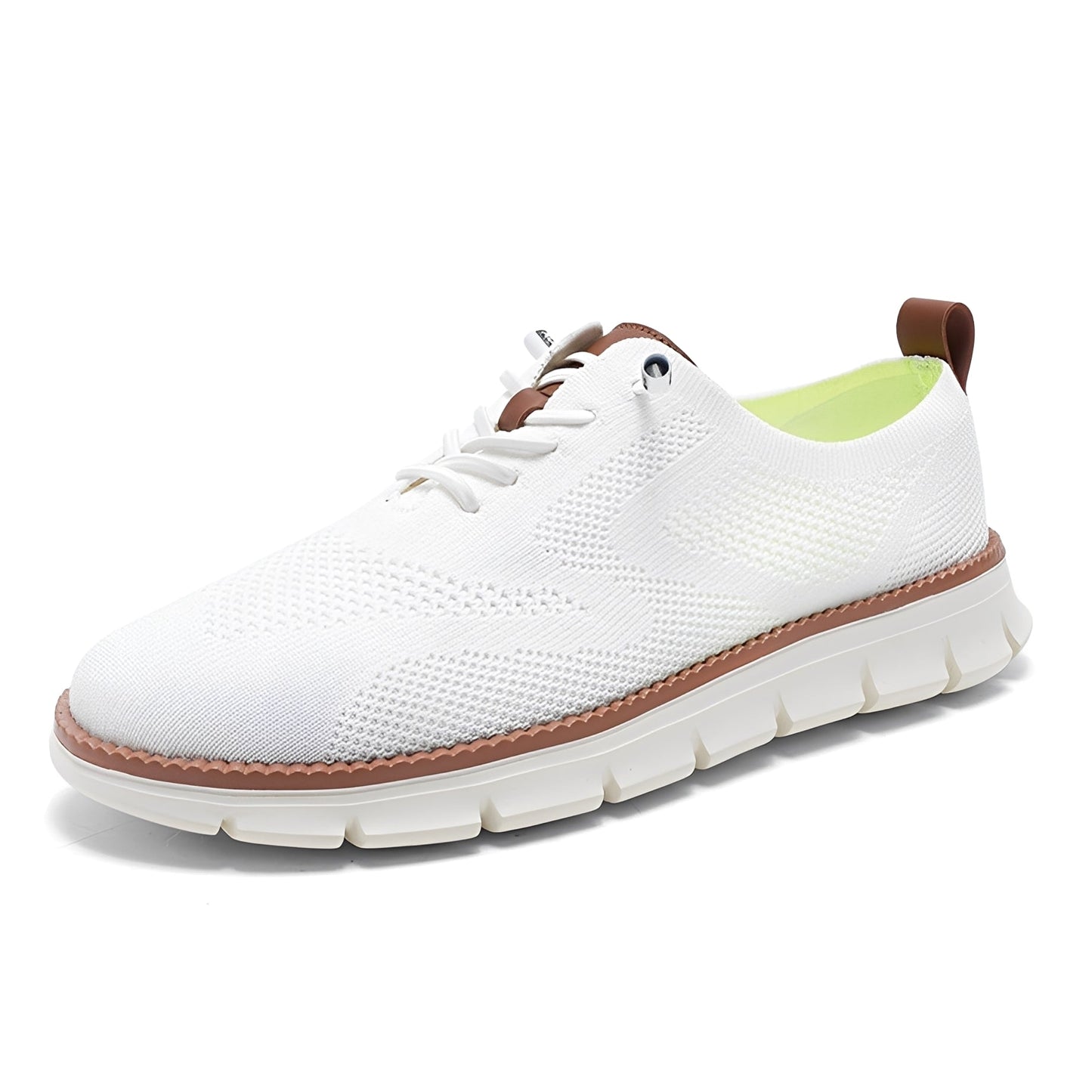 White athletic shoe with brown accents on a white background