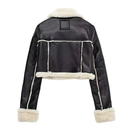 Black leather jacket with white fur trim on a white background