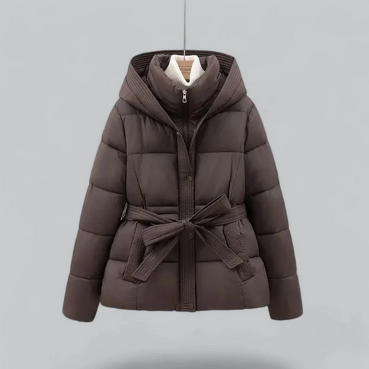 Brown puffer jacket with a belt on a gray background