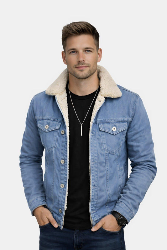 Veste en jean printanière avec fourrure au col (Homme)