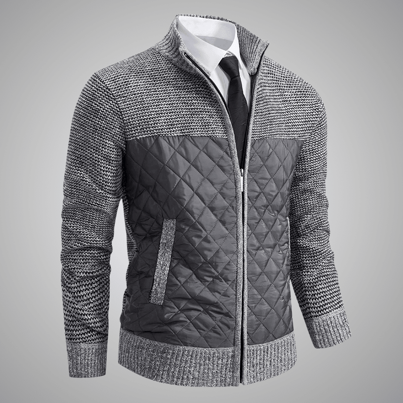 Gray quilted jacket with a textured pattern on a gray background
