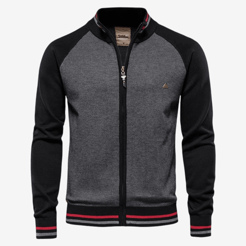 Gray and black jacket with red accents on a white background