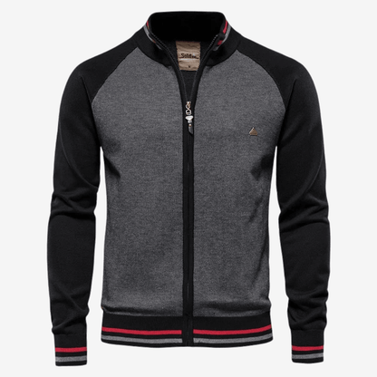 Gray and black jacket with red accents on a white background