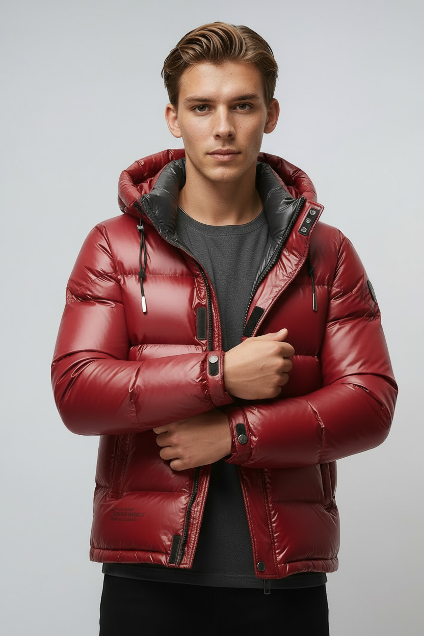 Man wearing a red puffer jacket against a light gray background