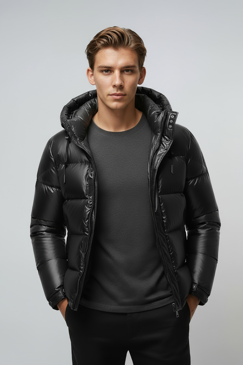 Man wearing a black puffer jacket on a light gray background