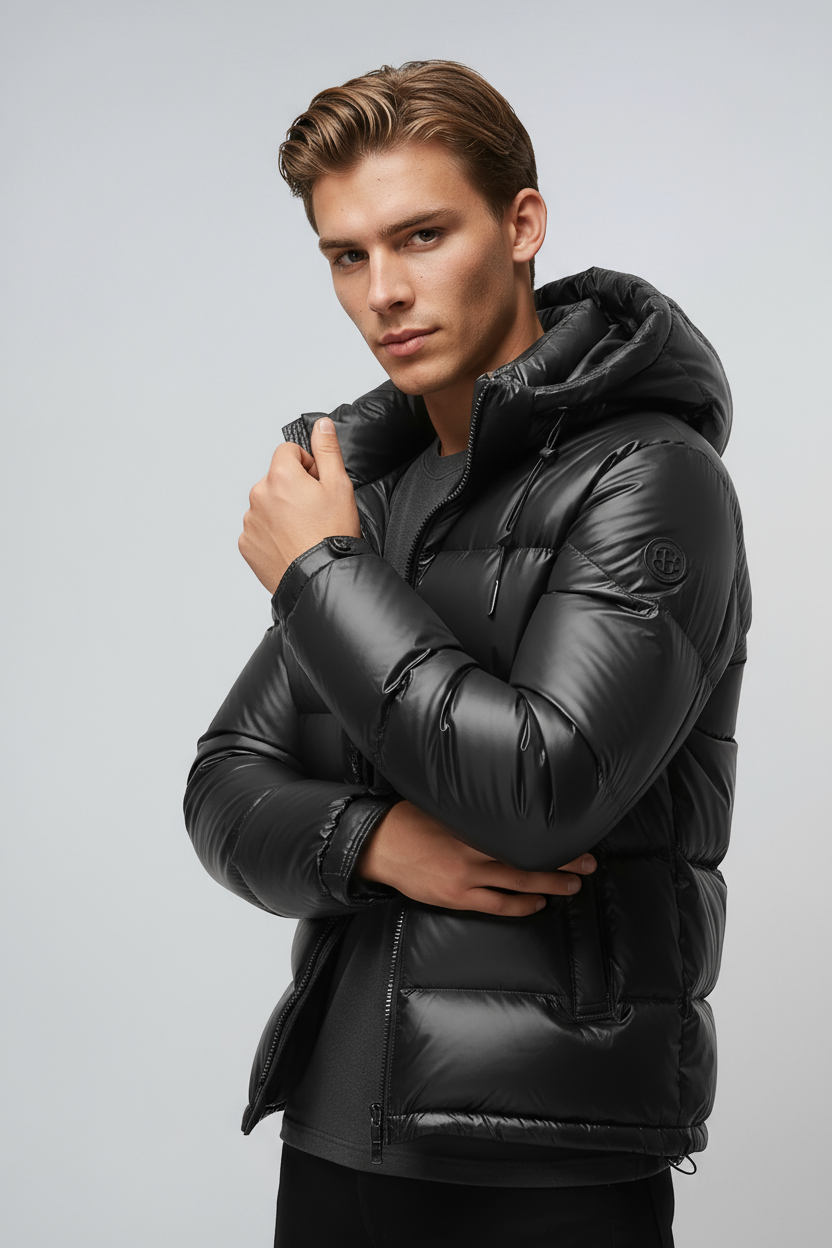 Man wearing a black puffer jacket against a gray background