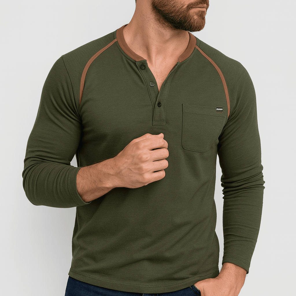 Man wearing a green long-sleeve shirt with brown accents on a white background