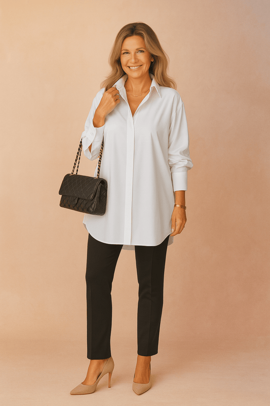 Woman wearing a white shirt and black pants with a black handbag on a beige background