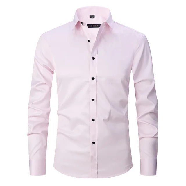 Pink dress shirt with black buttons on a white background