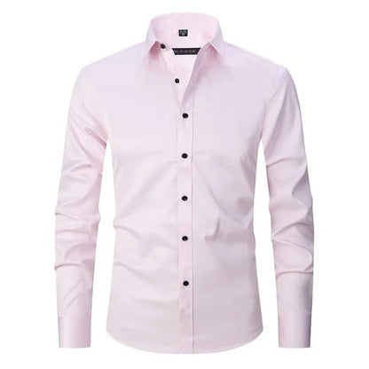 Pink dress shirt with black buttons on a white background