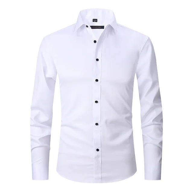 White dress shirt with black buttons on a white background