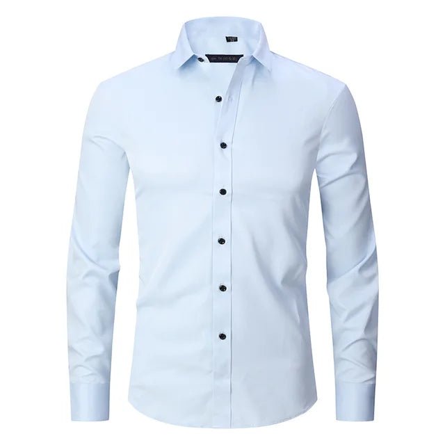 Light blue dress shirt with black buttons on a white background