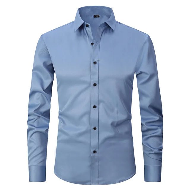 Light blue dress shirt with black buttons on a white background