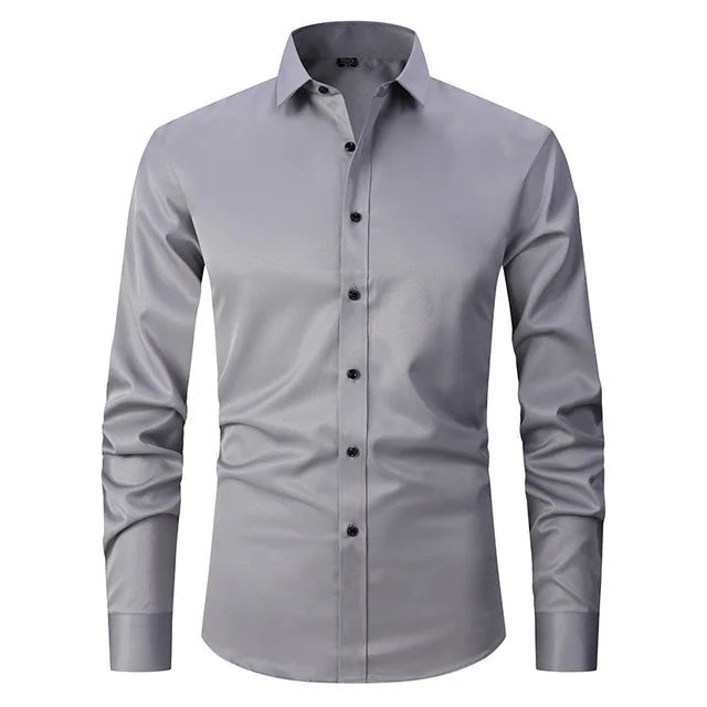 Gray dress shirt with black buttons on a white background