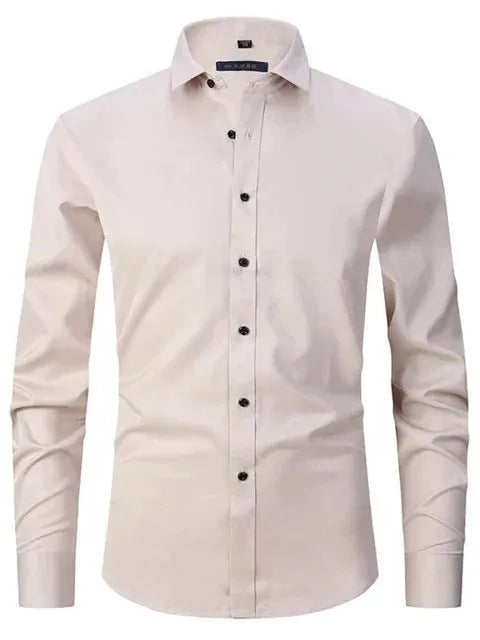 Beige dress shirt with black buttons on a white background
