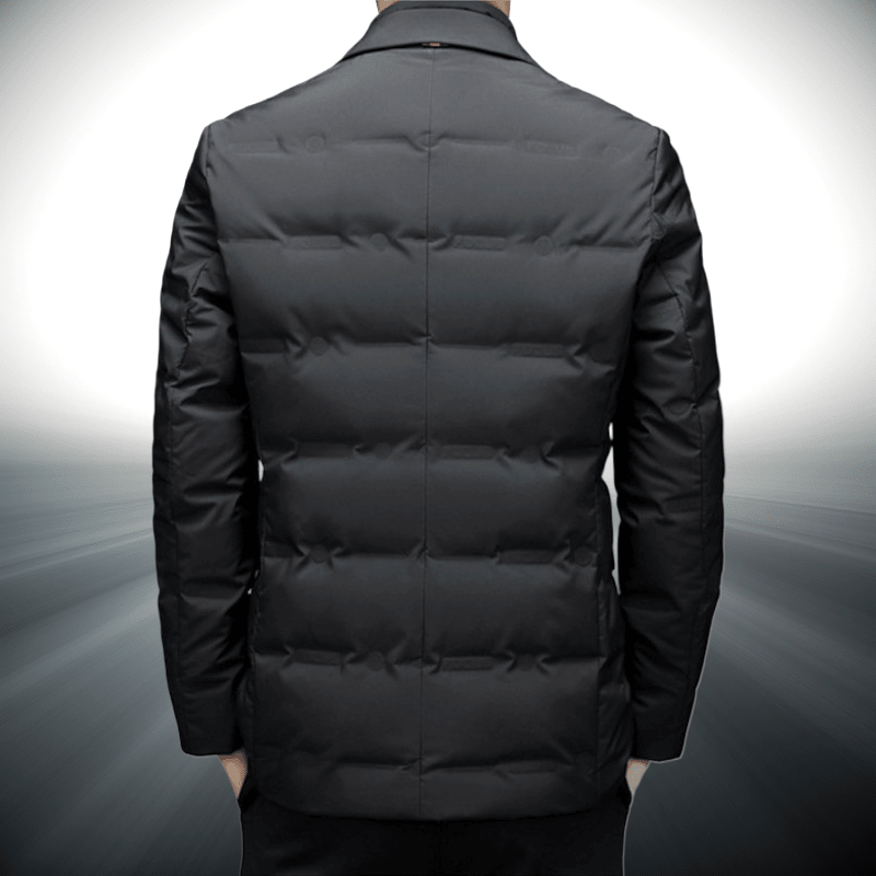 Black puffer jacket on a gray background