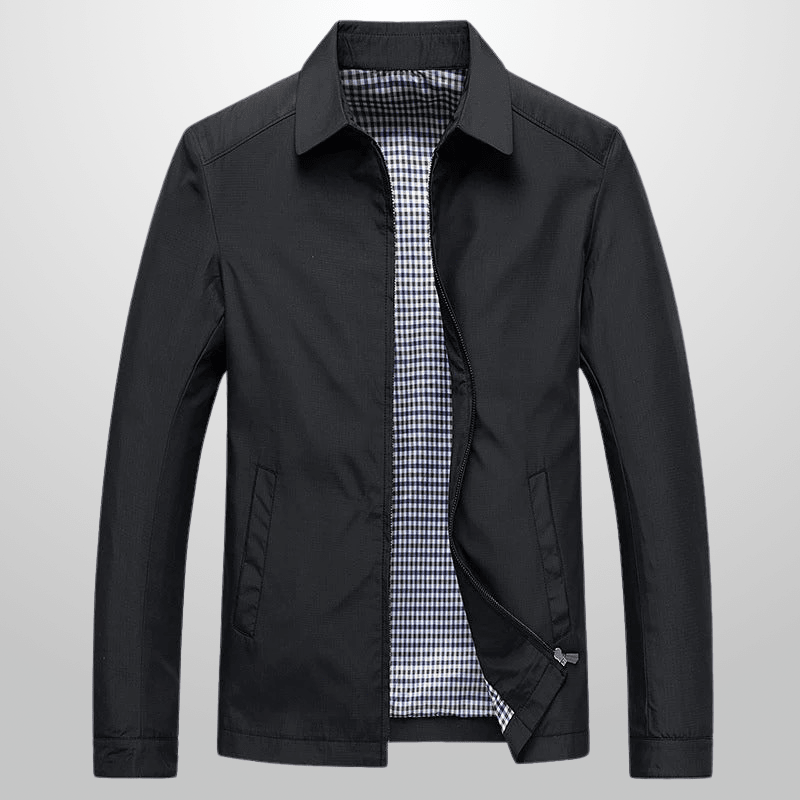 Black jacket with a checkered inner lining on a light gray background