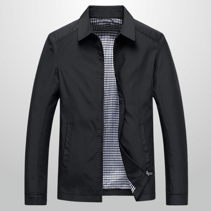 Black jacket with a checkered inner lining on a light gray background