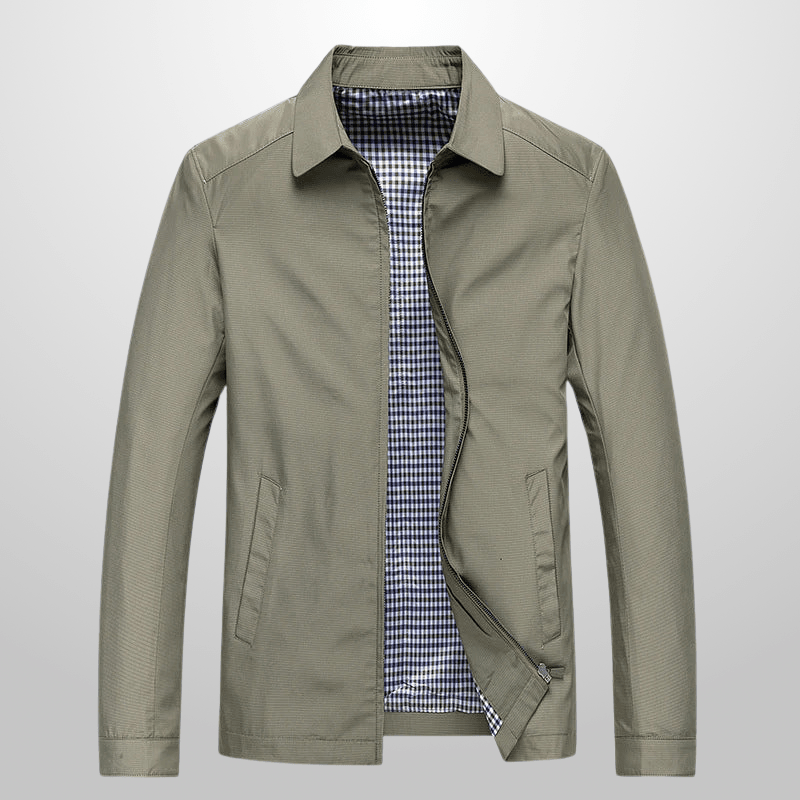 Green jacket with a checkered shirt collar on a light gray background