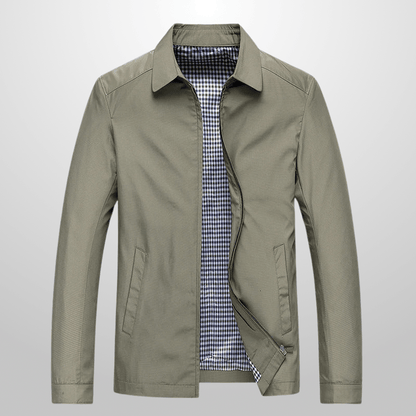 Green jacket with a checkered shirt collar on a light gray background