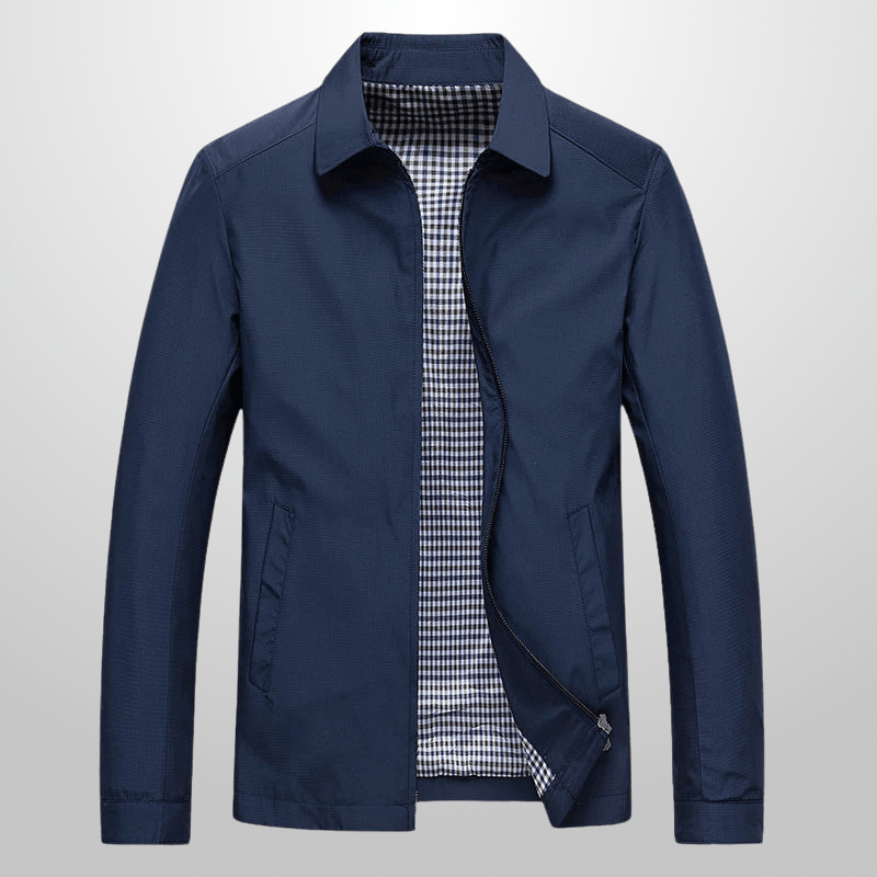 Navy blue jacket with a checkered shirt underneath on a light gray background