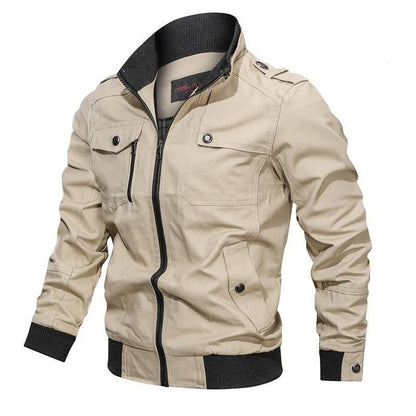 Beige jacket with black accents on a white background