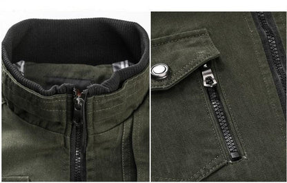 Close-up of a green jacket with zipper and button details
