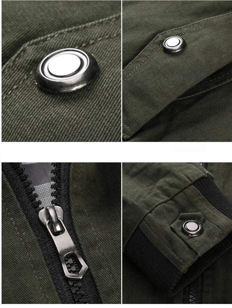 Close-up details of a green jacket with buttons and a zipper.
