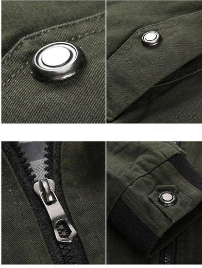 Close-up details of a green jacket with buttons and a zipper.