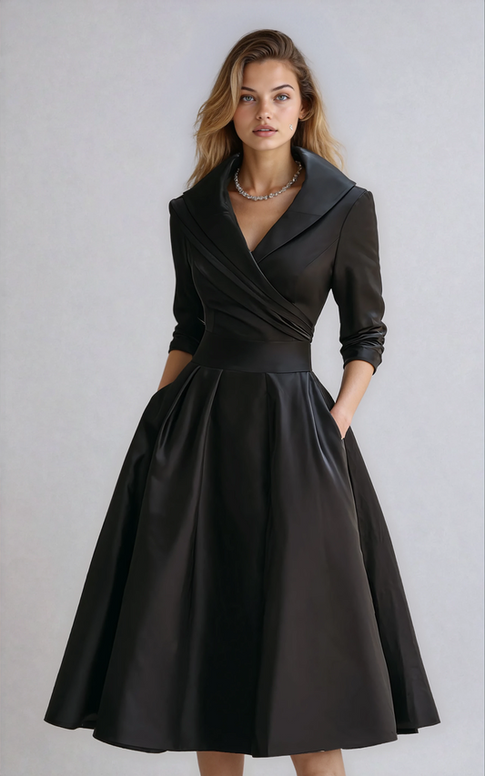 Woman wearing a black dress with long sleeves on a gray background