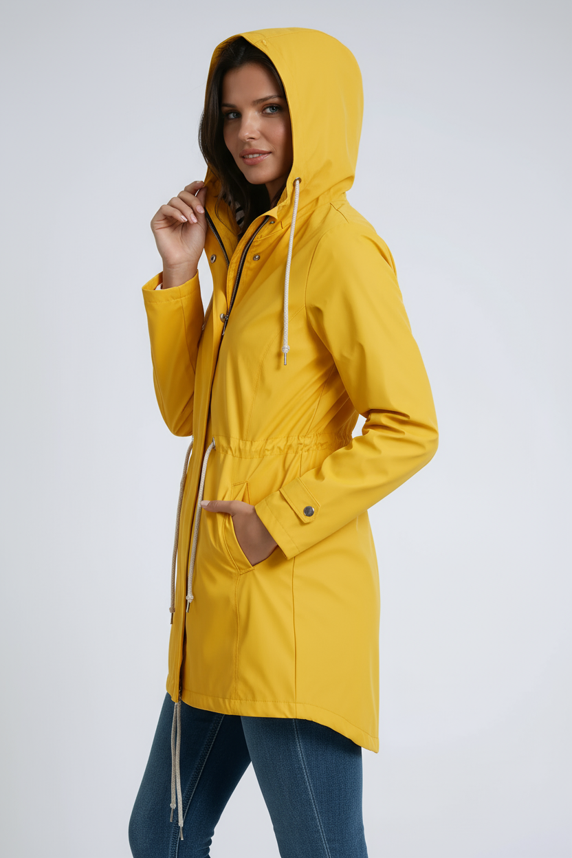 Woman wearing a yellow raincoat on a white background