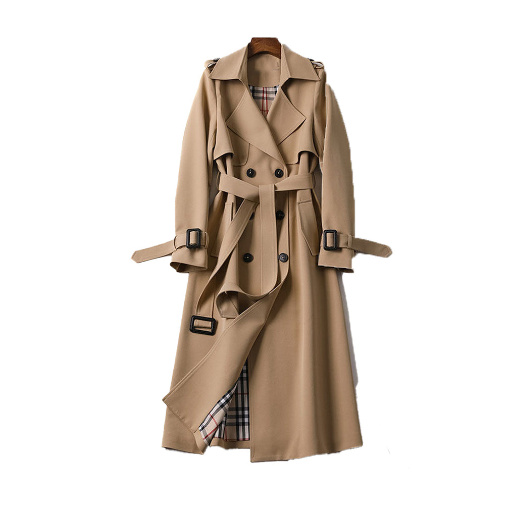 Beige trench coat with plaid lining on a white background