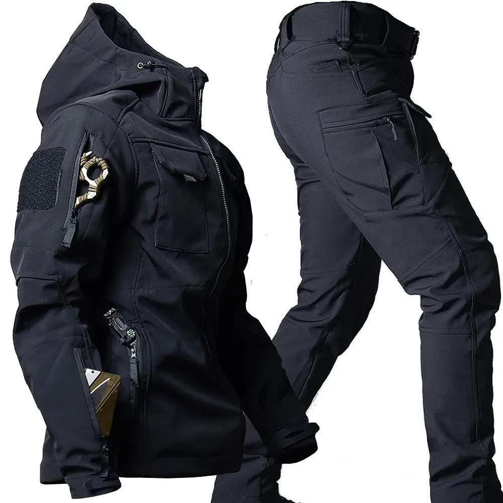 Black tactical jacket and pants on a white background