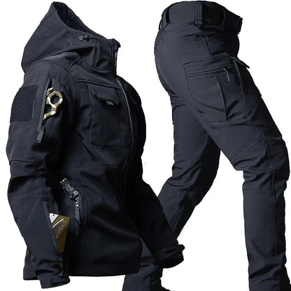 Black tactical jacket and pants on a white background