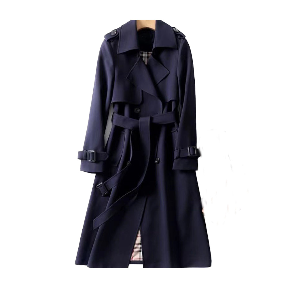 Navy blue trench coat on a mannequin with a white background