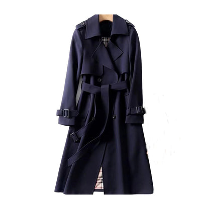 Navy blue trench coat on a mannequin with a white background