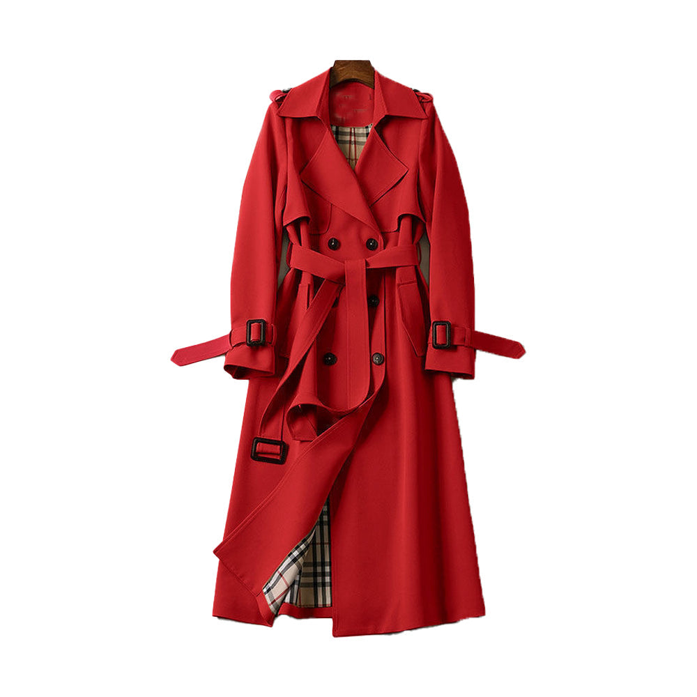 Red trench coat with plaid lining on a white background