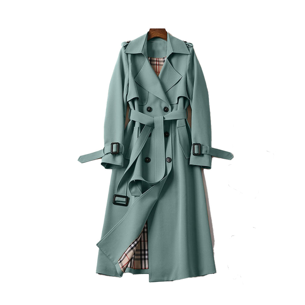 Green trench coat with plaid lining on a white background