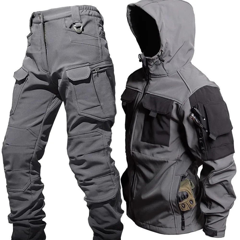 Gray tactical jacket and pants set on a white background