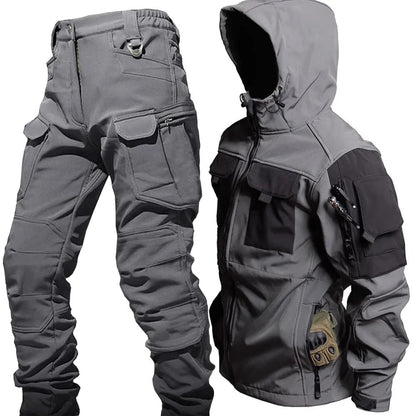 Gray tactical jacket and pants set on a white background