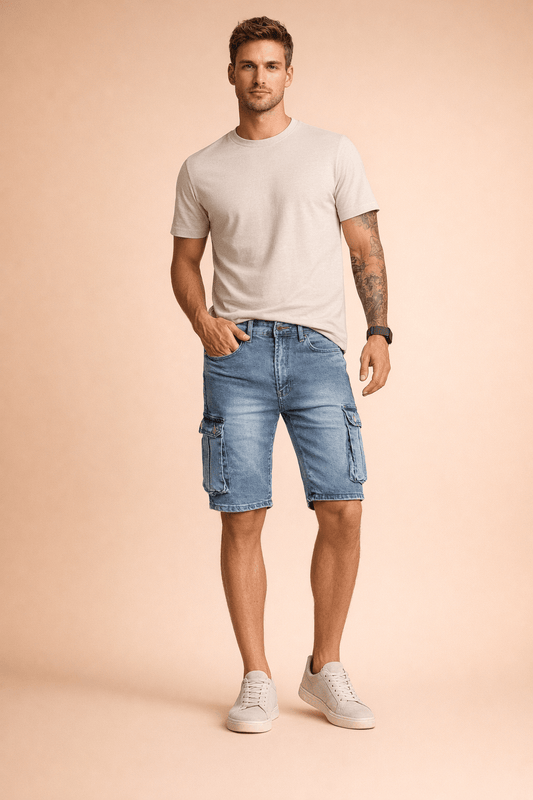 Męska Letnia Casual Jeansowa Cargo Do Kolan Szorty