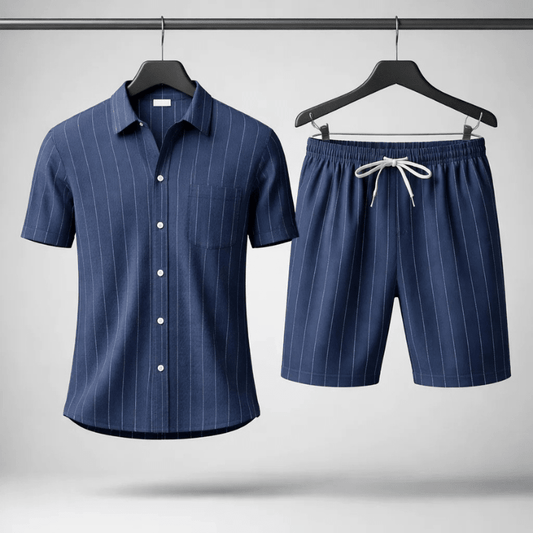 Męska Letnia Casual Paski Lniany Krótki Rękaw Koszula Szorty Zestaw