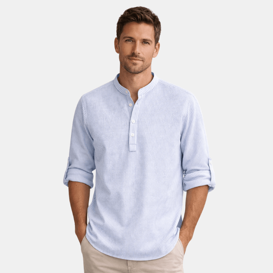 Męska Letnia Lekka Koszula Henley z Długim Rękawem