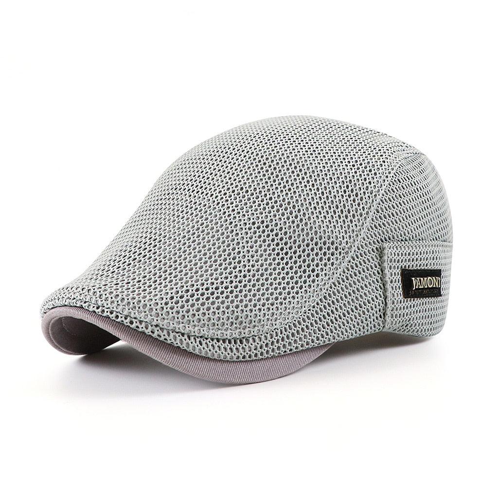 Gray mesh cap with a brand logo on a white background