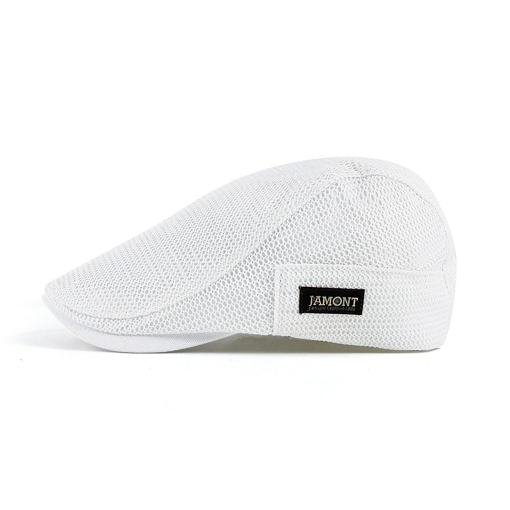 White cap with a brand label on a white background