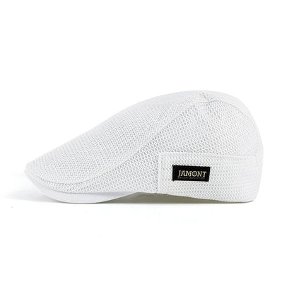 White cap with a brand label on a white background