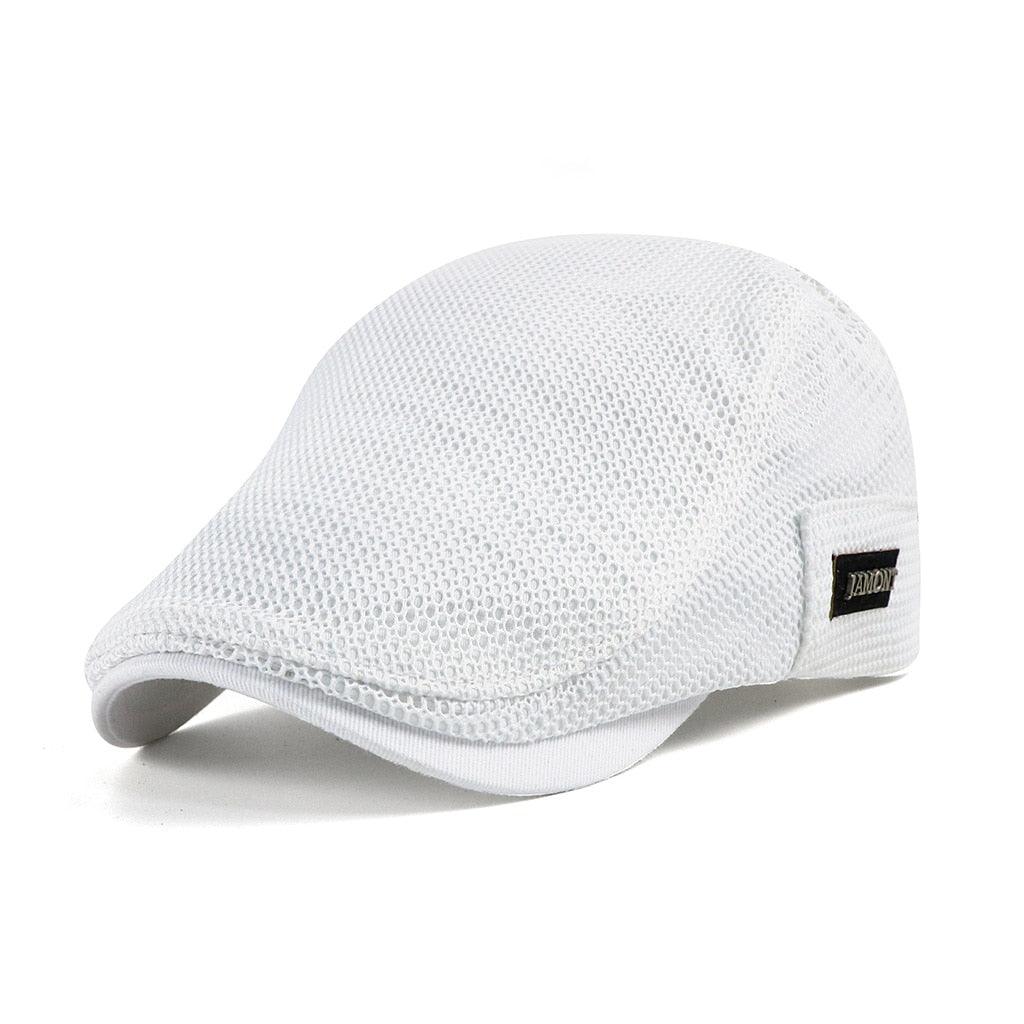 White mesh cap with a brand logo on a white background